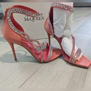 ALEXANDER MCQUEEN Crystal-embellished Salmon Colored Satin Sandals